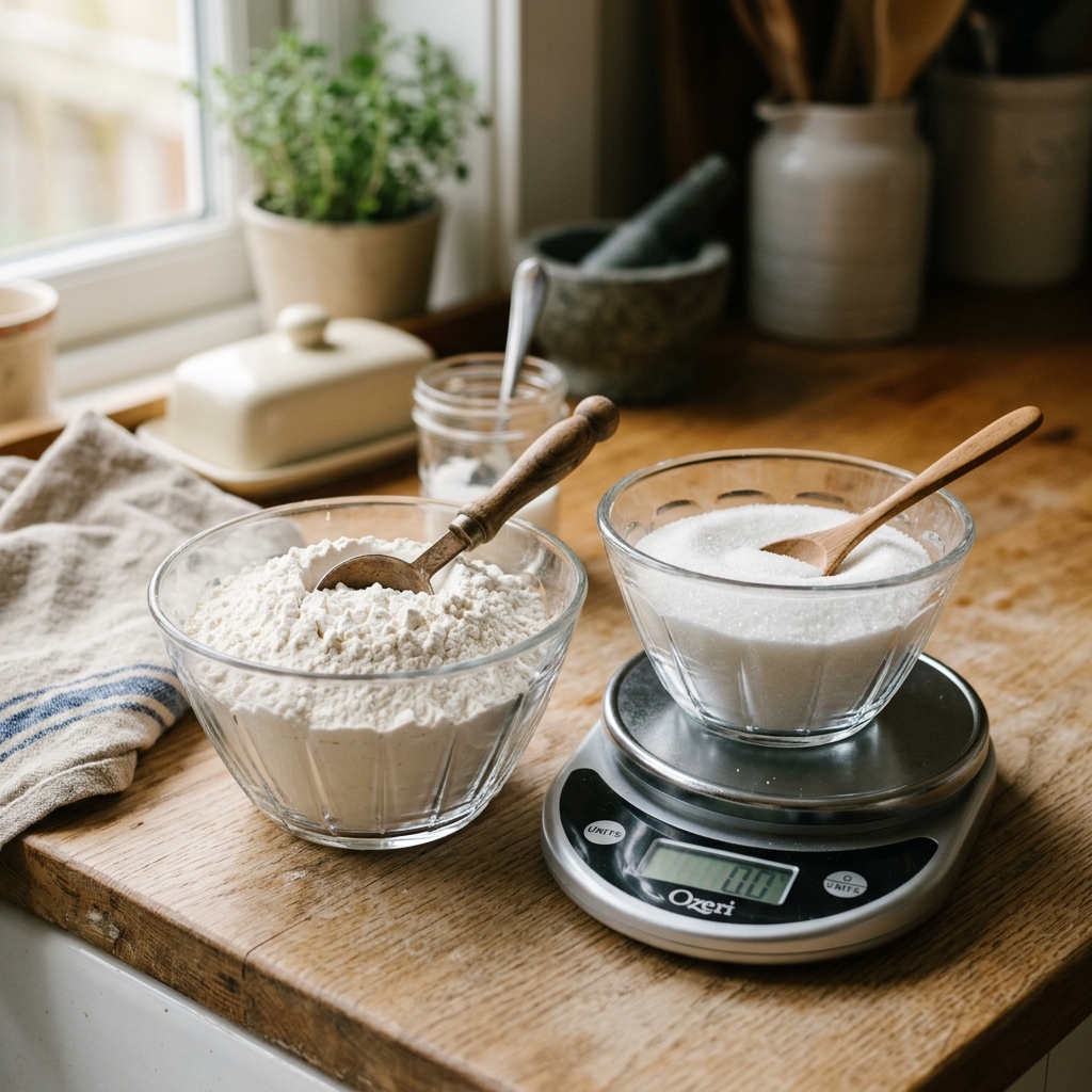 Different cooking ingredients on scales showing different weights