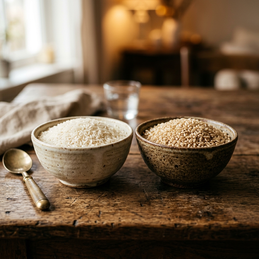 Raw white rice on a scale with water cup